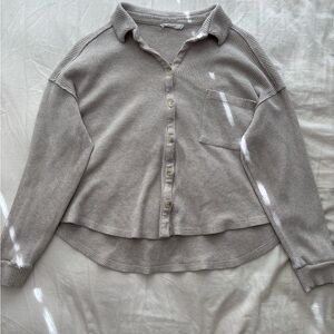 Lush Neutral Waffle Knit Button-Up in Beige